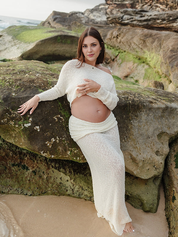 fotobeyou Knitted Ruched Two Piece Set Off Shoulder Crop Top And Bodycon Skirt Elegant Maternity Photoshoot Photoshoot Maxi Dress
