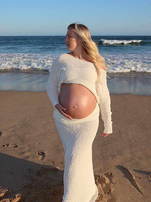 fotobeyou Knitted Ruched Two Piece Set Off Shoulder Crop Top And Bodycon Skirt Elegant Maternity Photoshoot Photoshoot Maxi Dress