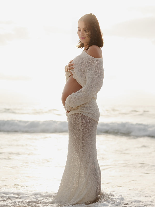 fotobeyou Knitted Ruched Two Piece Set Off Shoulder Crop Top And Bodycon Skirt Elegant Maternity Photoshoot Photoshoot Maxi Dress