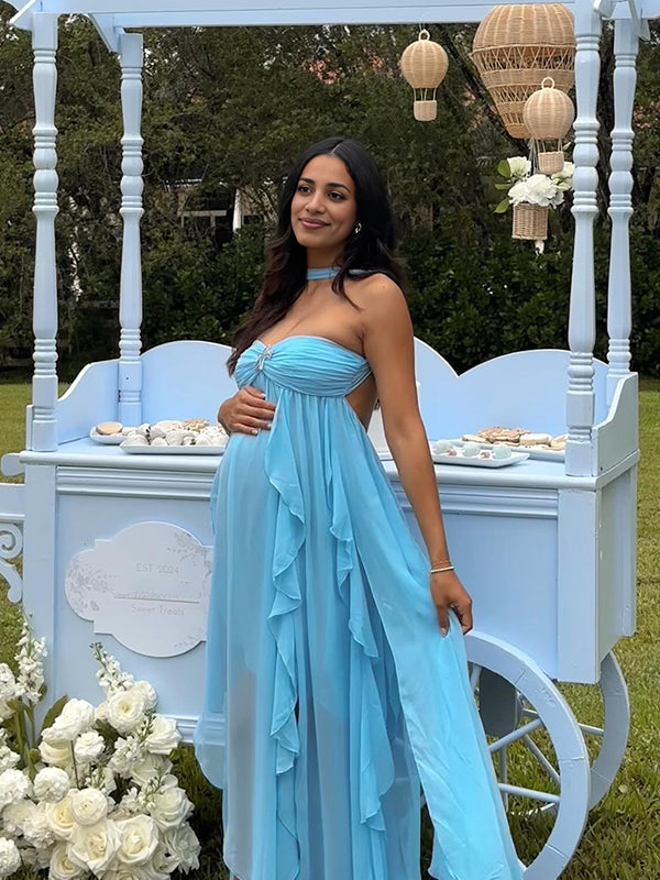 fotobeyou Blue Bandeau Strapless Ruffle Falbala Draped Big Swing Elegant Maternity Baby Shower Maxi Dress
