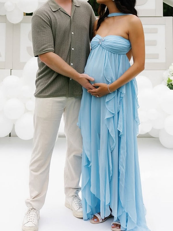 fotobeyou Blue Bandeau Strapless Ruffle Falbala Draped Big Swing Elegant Maternity Baby Shower Maxi Dress