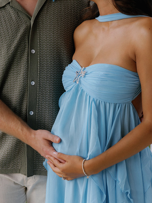 fotobeyou Blue Bandeau Strapless Ruffle Falbala Draped Big Swing Elegant Maternity Baby Shower Maxi Dress