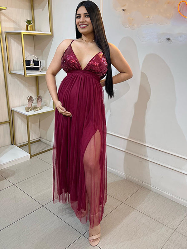 fotobeyou Glitter Sequin Tulle Side Slits Big Swing Cami Backless Elegant Maternity Baby Shower Maxi Dress