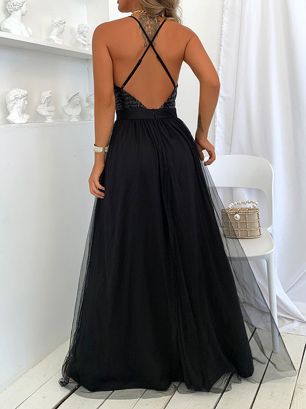 fotobeyou Glitter Sequin Tulle Side Slits Big Swing Cami Backless Elegant Maternity Baby Shower Maxi Dress