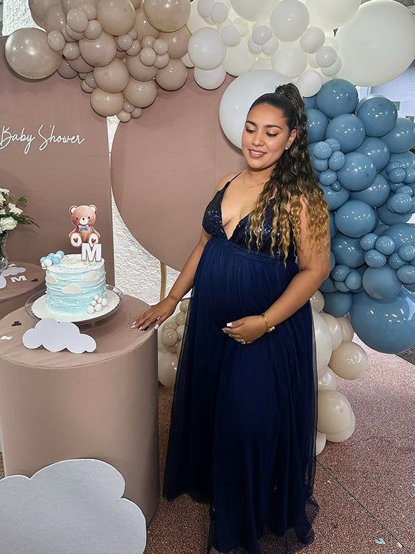 fotobeyou Glitter Sequin Tulle Side Slits Big Swing Cami Backless Elegant Maternity Baby Shower Maxi Dress