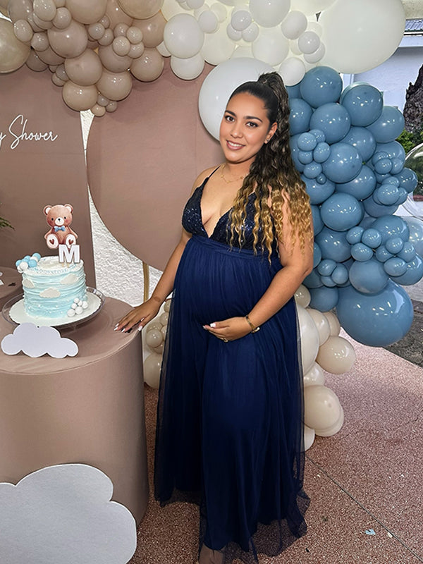 fotobeyou Glitter Sequin Tulle Side Slits Big Swing Cami Backless Elegant Maternity Baby Shower Maxi Dress