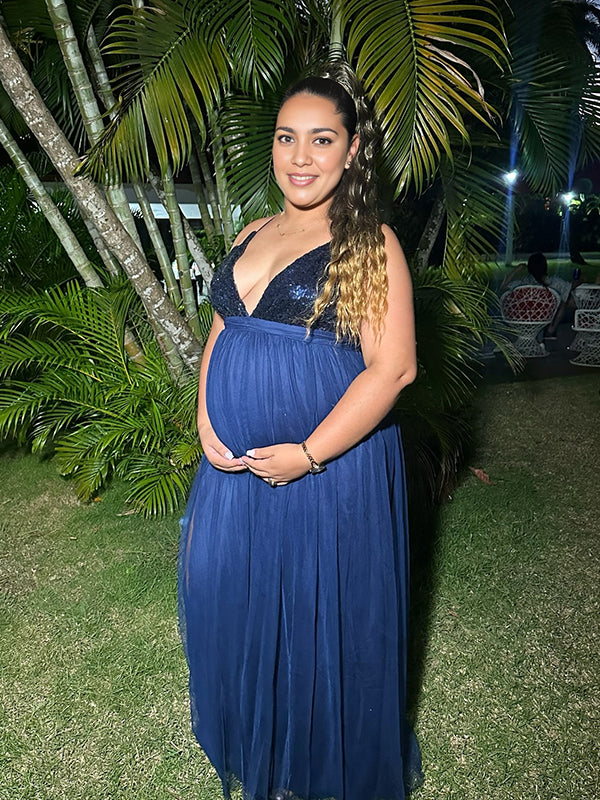 fotobeyou Glitter Sequin Tulle Side Slits Big Swing Cami Backless Elegant Maternity Baby Shower Maxi Dress