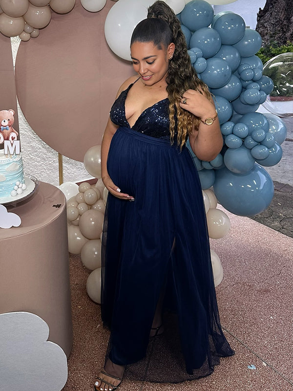 fotobeyou Glitter Sequin Tulle Side Slits Big Swing Cami Backless Elegant Maternity Baby Shower Maxi Dress