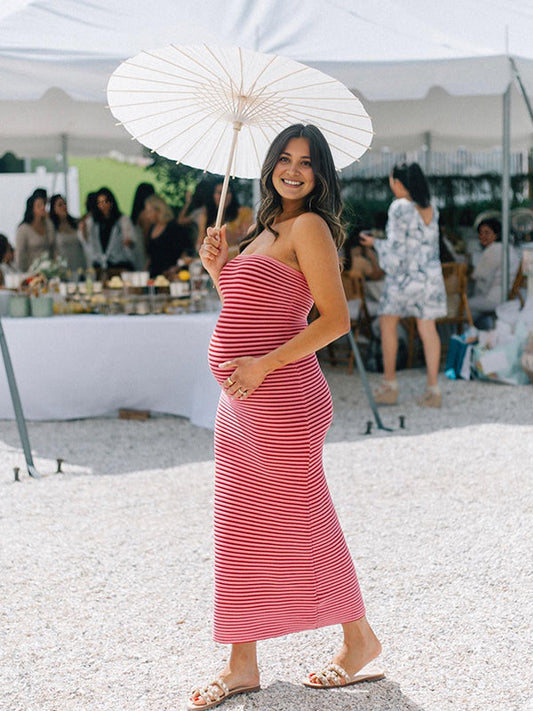 fotobeyou Striped Knitted Bandeau Strapless Bodycon Elegant Maternity Baby Shower Maxi Dress