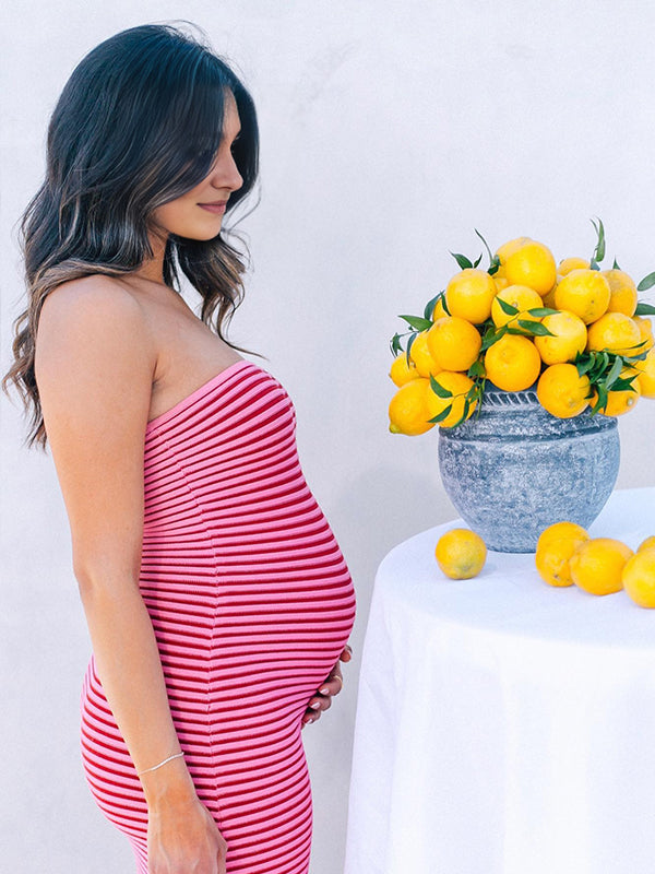 fotobeyou Striped Knitted Bandeau Strapless Bodycon Elegant Maternity Baby Shower Maxi Dress