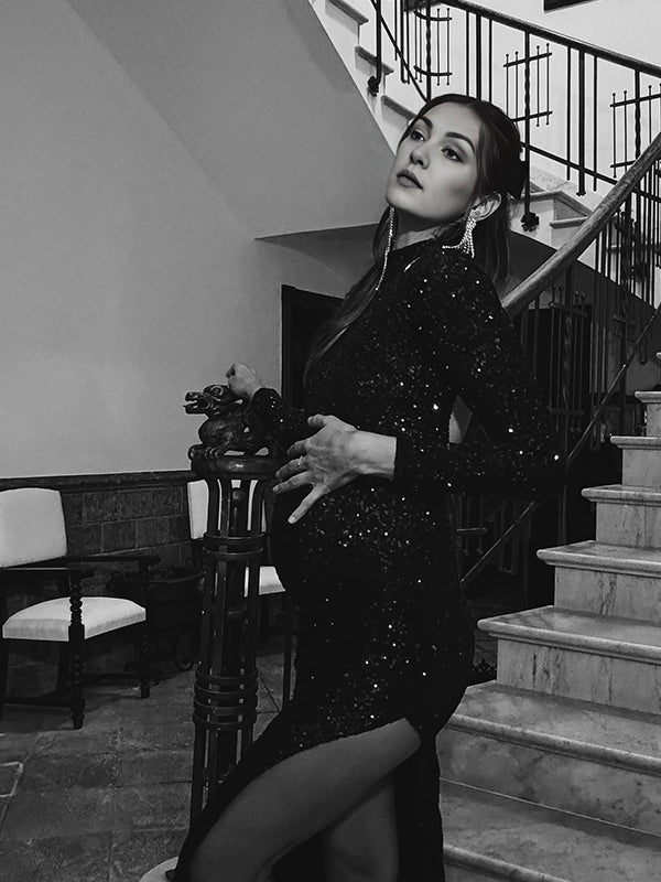 fotobeyou Glitter Full Sequin Side Slit Backless High Neck Bodycon Elegant Maternity Photoshoot Maxi Dress