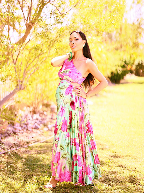 fotobeyou Satin Floral Pleated Cut Out One Shoulder Elegant Maternity Photoshoot Maxi Dress
