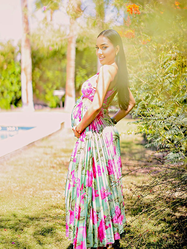 fotobeyou Satin Floral Pleated Cut Out One Shoulder Elegant Maternity Photoshoot Maxi Dress
