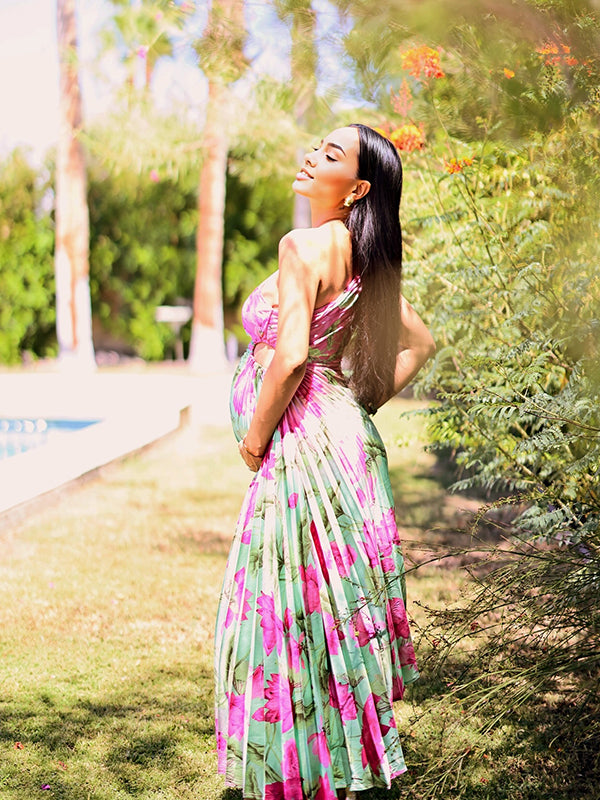 fotobeyou Satin Floral Pleated Cut Out One Shoulder Elegant Maternity Photoshoot Maxi Dress