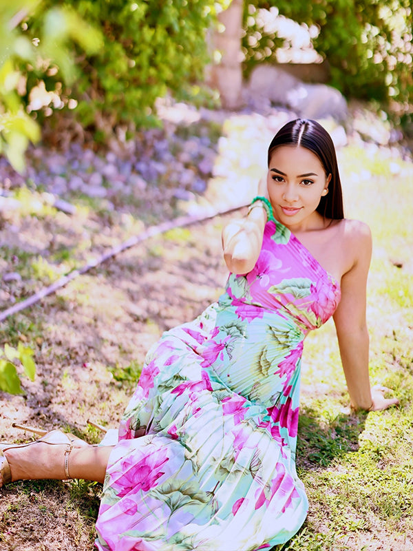 fotobeyou Satin Floral Pleated Cut Out One Shoulder Elegant Maternity Photoshoot Maxi Dress