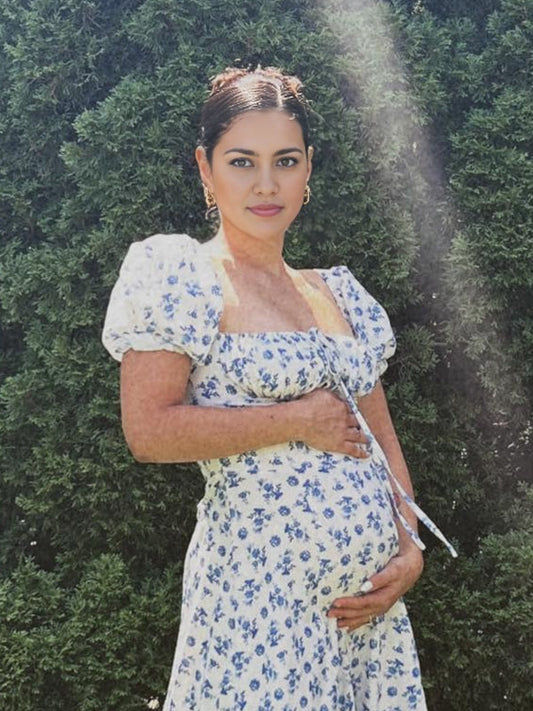 fotobeyou White And Blue Print Flowers Front Slit Puff Sleeve Drawstring Elegant Maternity Baby Shower Maxi Dress