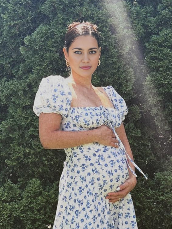 fotobeyou White And Blue Print Flowers Front Slit Puff Sleeve Drawstring Elegant Maternity Baby Shower Maxi Dress