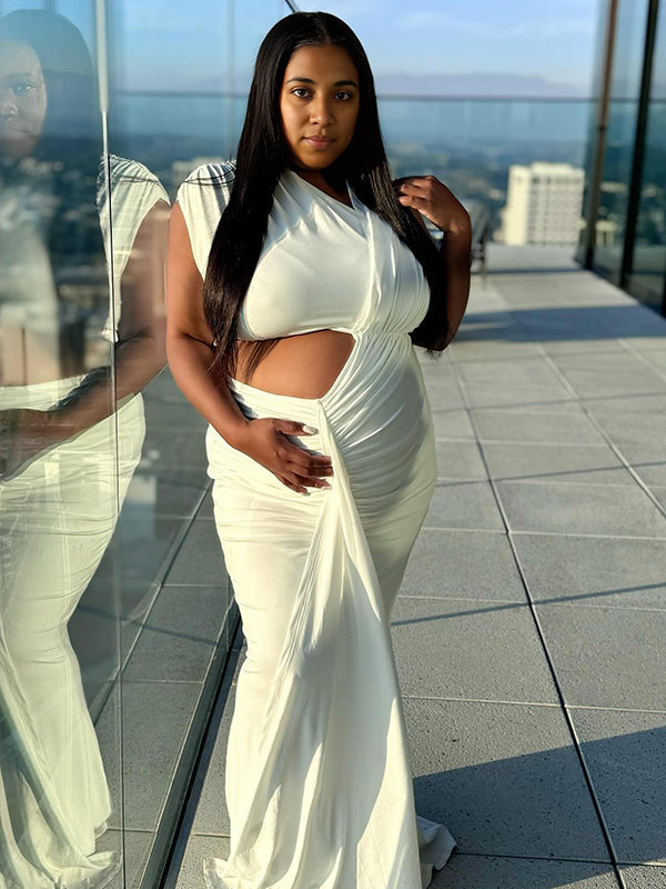 fotobeyou White Irregular Ruched Ruffle Falbala Draped Bodycon Elegant Maternity Baby Shower Maxi Dress