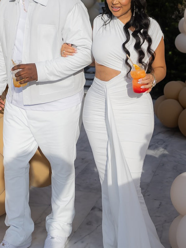 fotobeyou White Irregular Ruched Ruffle Falbala Draped Bodycon Elegant Maternity Baby Shower Maxi Dress