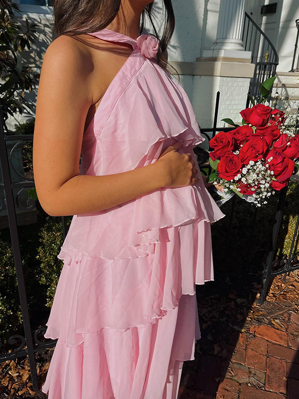 fotobeyou Pink Chiffon Tiered Ruffle Falbala Backless Prom Gown Elegant Maternity Photoshoot Maxi Dress