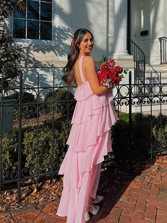 fotobeyou Pink Chiffon Tiered Ruffle Falbala Backless Prom Gown Elegant Maternity Photoshoot Maxi Dress