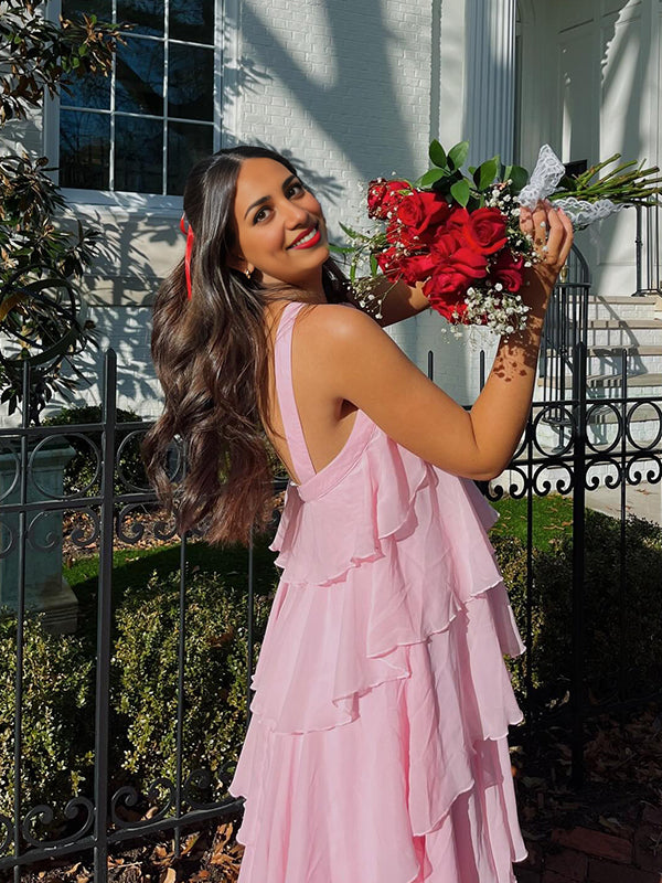 fotobeyou Pink Chiffon Tiered Ruffle Falbala Backless Prom Gown Elegant Maternity Photoshoot Maxi Dress
