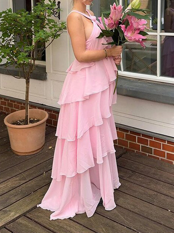 fotobeyou Pink Chiffon Tiered Ruffle Falbala Backless Prom Gown Elegant Maternity Photoshoot Maxi Dress