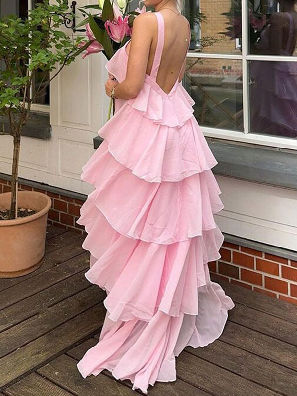 fotobeyou Pink Chiffon Tiered Ruffle Falbala Backless Prom Gown Elegant Maternity Photoshoot Maxi Dress