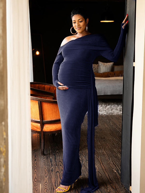 fotobeyou One Shoulder Ruched Draped Elegant Maternity Cocktail Maxi Dress