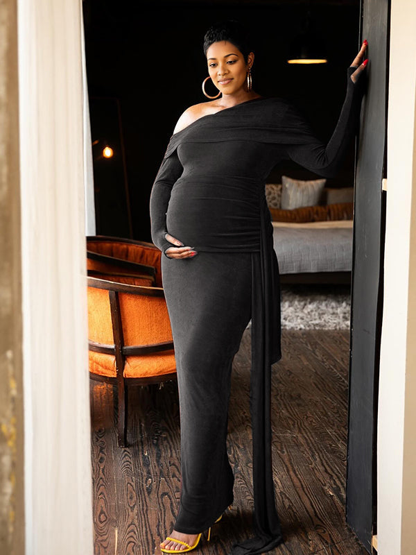 fotobeyou One Shoulder Ruched Draped Elegant Maternity Cocktail Maxi Dress