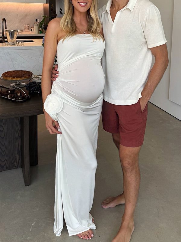 fotobeyou White 3D Flower Strapless Side Slit Elegant Maternity Party Maxi Dress