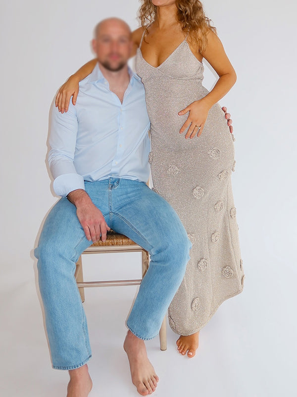 fotobeyou Shiny 3D Flowers Cami Backless Knitwear Elegant Maternity Photoshoot Maxi Dress