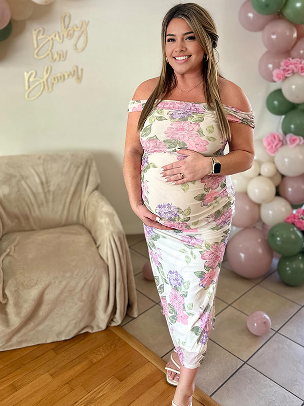 fotobeyou Floral Mesh Off Shoulder Ruched Side Slit Elegant Maternity Baby Shower Maxi Dress