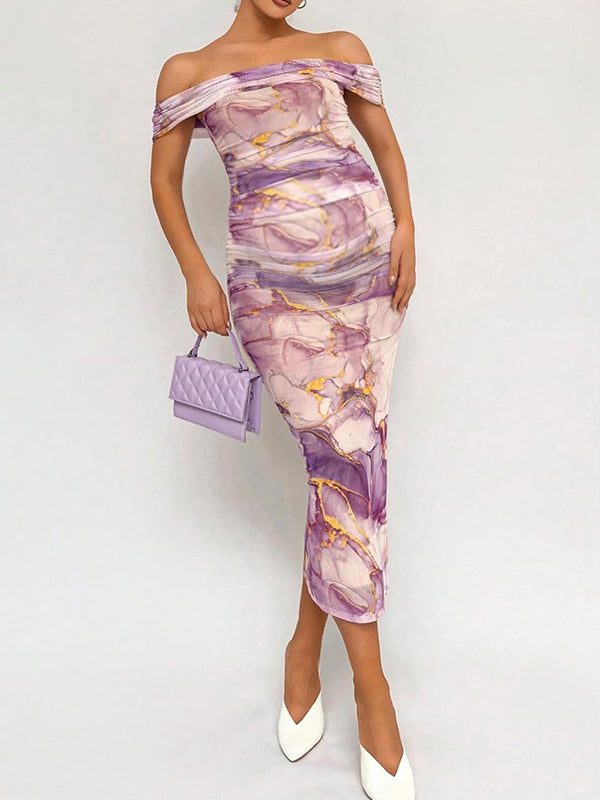 fotobeyou Floral Mesh Off Shoulder Ruched Side Slit Elegant Maternity Baby Shower Maxi Dress