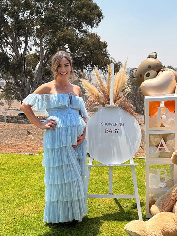 fotobeyou Blue Tulle Off Shoulder Layered Ruffle Falbala Dreamy Maternity Baby Shower Maxi Dress