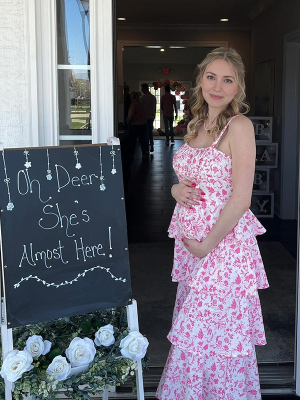 fotobeyou Pink Cascading Ruffle Pleated Flowers Spaghetti Straps Bodycon Elegant Maternity Photoshoot Baby Shower Maxi Dress