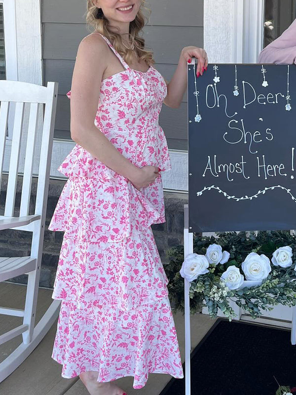 fotobeyou Pink Cascading Ruffle Pleated Flowers Spaghetti Straps Bodycon Elegant Maternity Photoshoot Baby Shower Maxi Dress