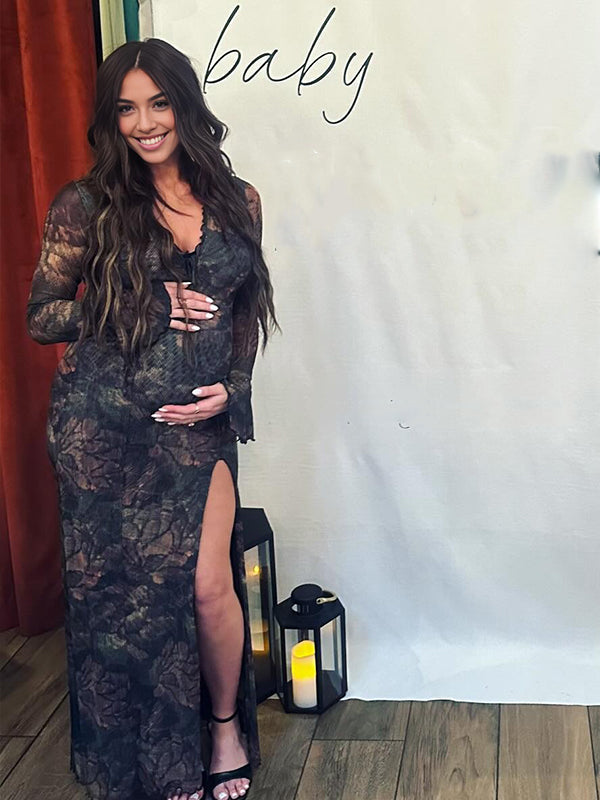 fotobeyou Printed Ruffle Falbala Side Slit Elegant Maternity Baby Shower Maxi Dress