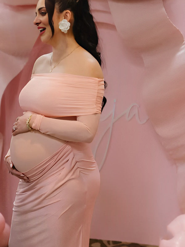 fotobeyou Mesh Patchwork Ruched Off Shoulder Elegant Maternity Baby Shower Maxi Dress