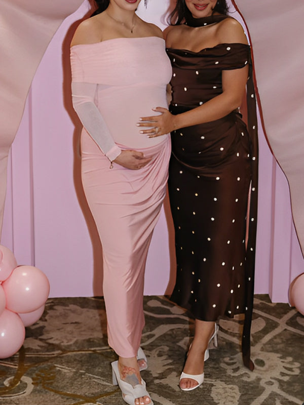 fotobeyou Mesh Patchwork Ruched Off Shoulder Elegant Maternity Baby Shower Maxi Dress