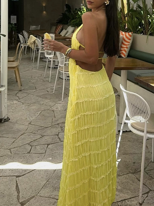 fotobeyou Layered Ruffle Falbala Backless Cami Elegant Maternity Baby Shower Maxi Dress