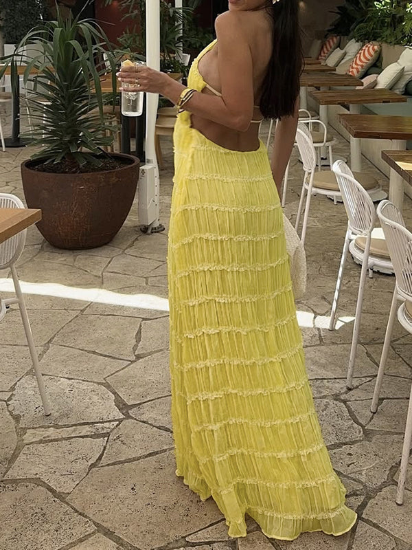 fotobeyou Layered Ruffle Falbala Backless Cami Elegant Maternity Baby Shower Maxi Dress