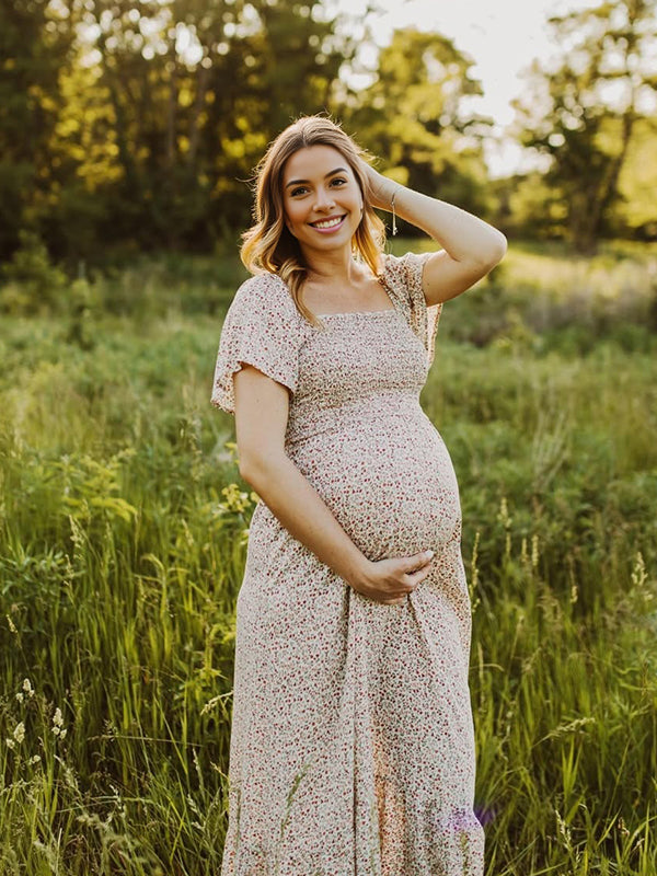 Floral Smocked Big Swing Boho Maternity Photoshoot Midi Dress