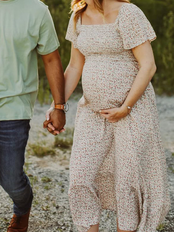 fotobeyou Floral Smocked Big Swing Boho Maternity Photoshoot Midi Dress