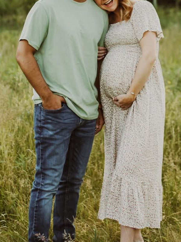 fotobeyou Floral Smocked Big Swing Boho Maternity Photoshoot Midi Dress