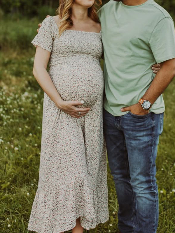 fotobeyou Floral Smocked Big Swing Boho Maternity Photoshoot Midi Dress