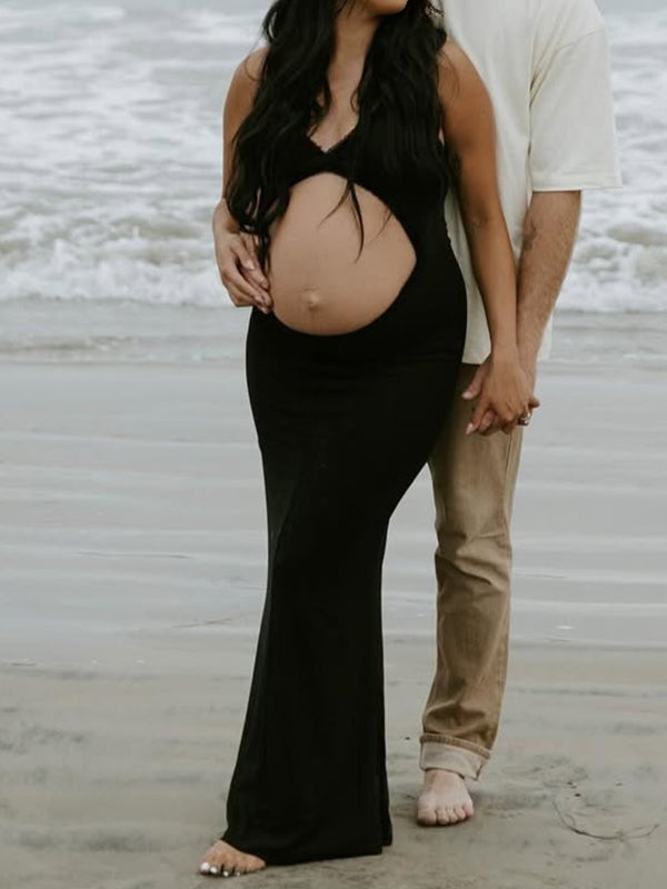 fotobeyou Black Ruffle Cut Out Ruched Cami Elegant Maternity Photoshoot Maxi Dress