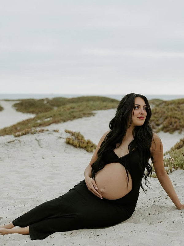 fotobeyou Black Ruffle Cut Out Ruched Cami Elegant Maternity Photoshoot Maxi Dress