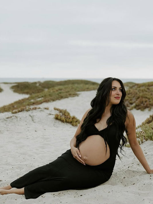 fotobeyou Black Ruffle Cut Out Ruched Cami Elegant Maternity Photoshoot Maxi Dress