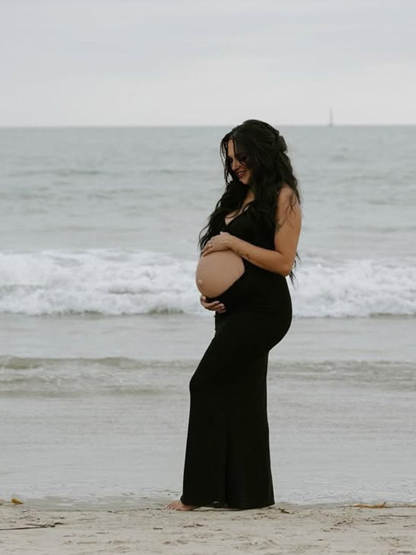 fotobeyou Black Ruffle Cut Out Ruched Cami Elegant Maternity Photoshoot Maxi Dress